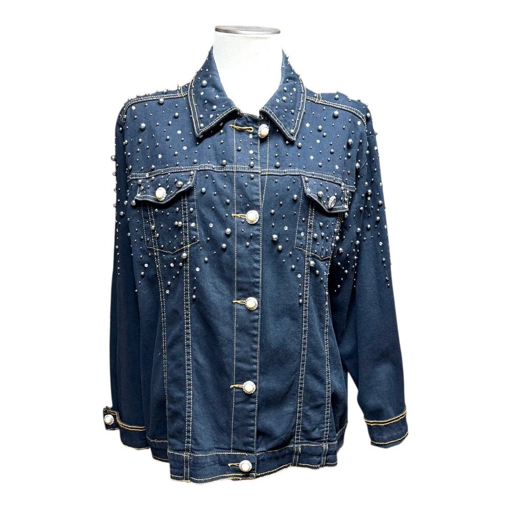 The Quacker Factory Rhinestone Pearl Studded Denim Jean Jacket Blue Large
